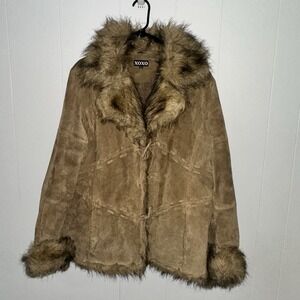 XOXO Long Sleeve Leather Faux Fur Coat Brown Size XL Y2K Bell Sleeve Womens Rare
